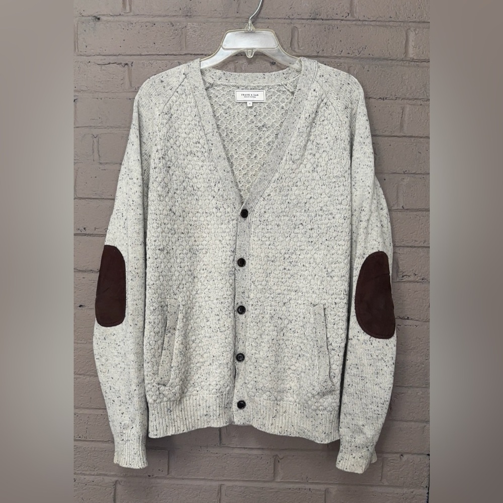 Frank & Oak Gray Cardigan Sweater with Brown Elbow Patches